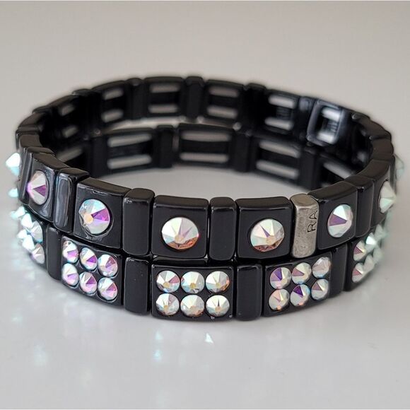 Bracelets Black Crystal Aurora Borealis Stretch Bracelets Set of 2 #0036 - Picture 3 of 13